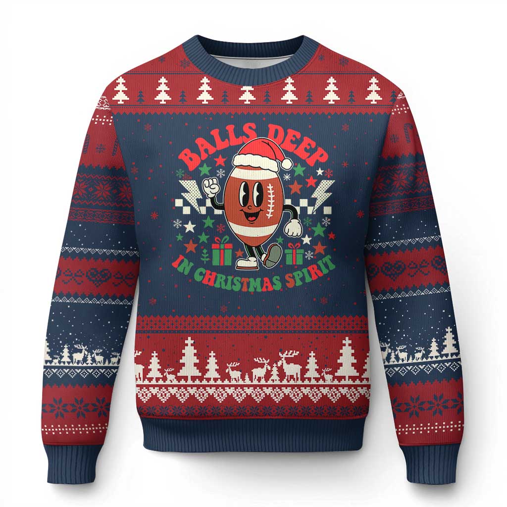 Funny Xmas American Football Ugly Christmas Sweater Balls Deep In Xmas Spirit Game Day TS11 Navy Red Print Your Wear