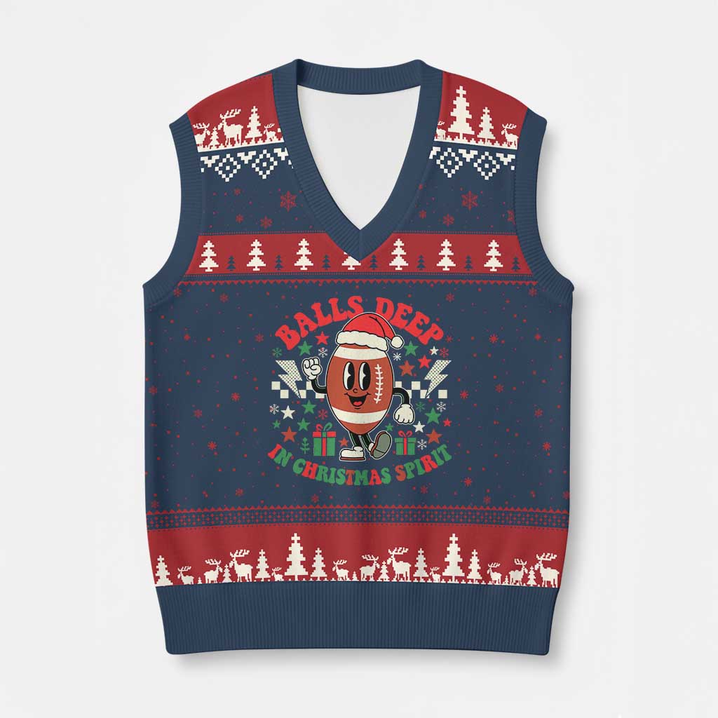 Funny Xmas American Football V-Neck Knit Sweater Vest Balls Deep In Xmas Spirit Game Day - Print Your Wear