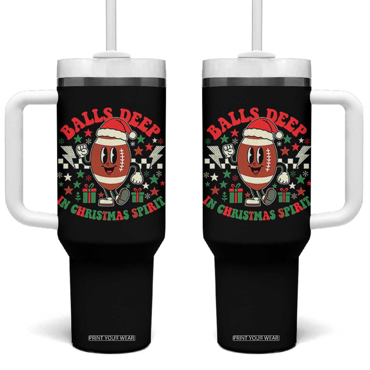 Funny Xmas American Football Tumbler With Handle Balls Deep In Christmas Spirit Game Day - Print Your Wear