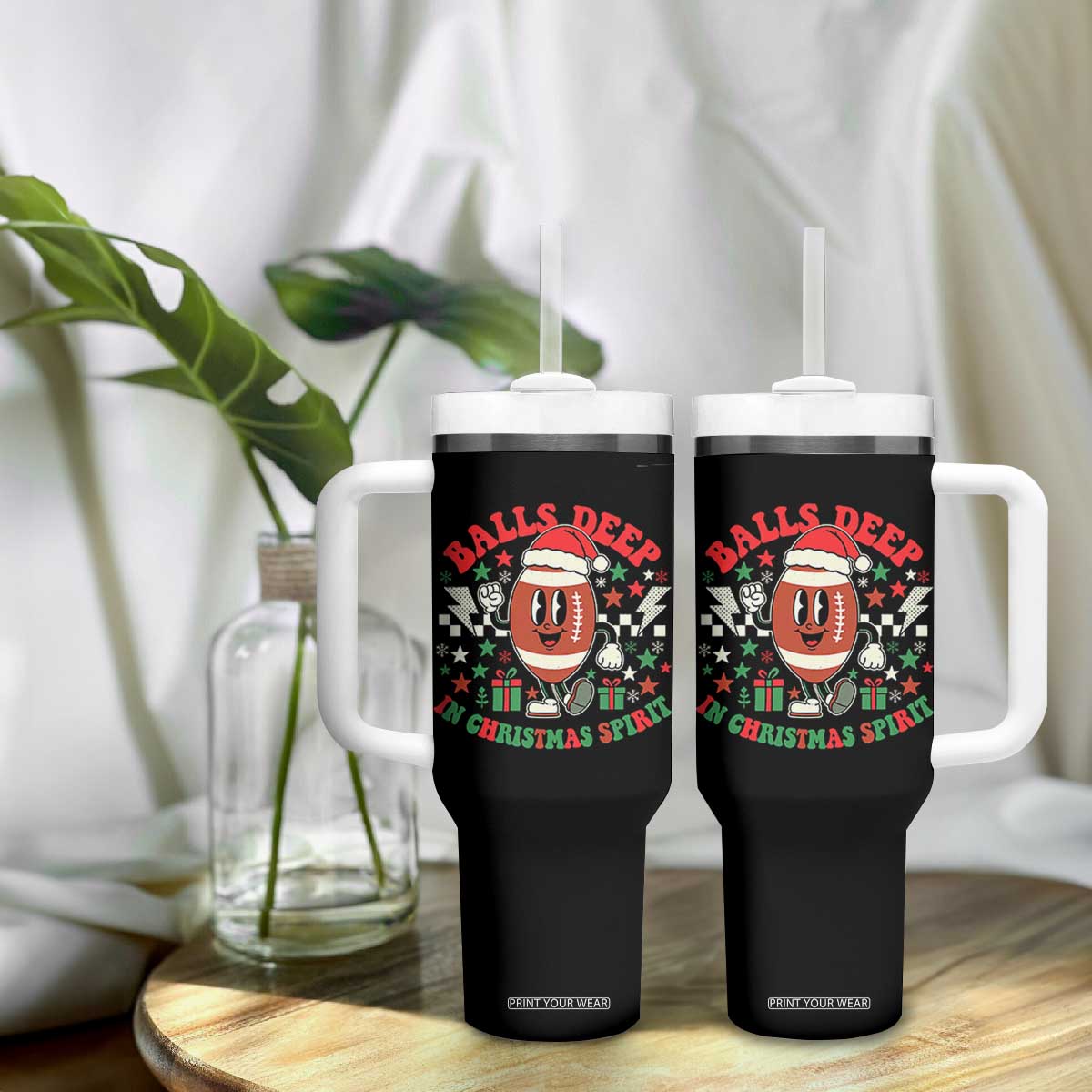 Funny Xmas American Football Tumbler With Handle Balls Deep In Christmas Spirit Game Day - Print Your Wear