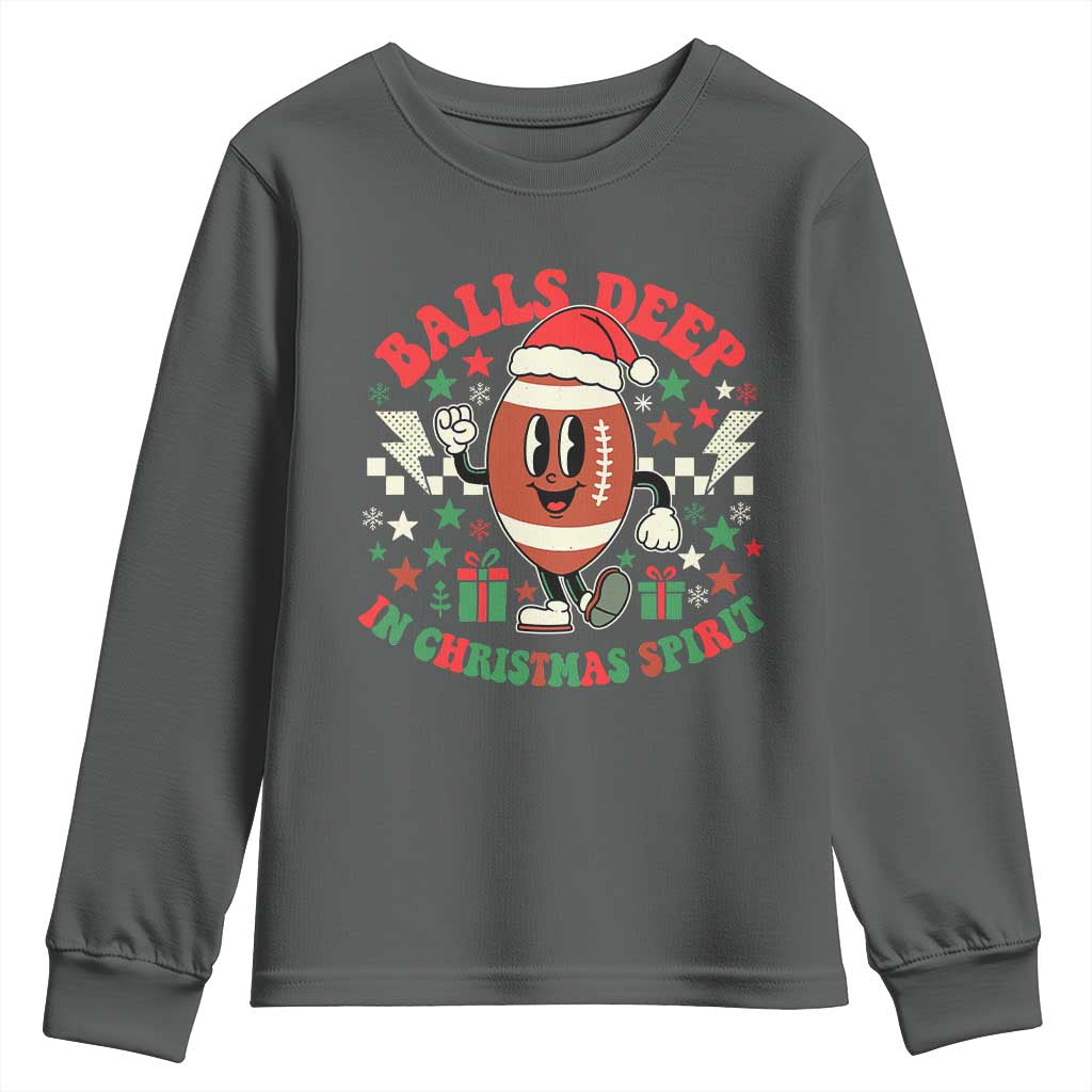 Funny Xmas American Football Youth Sweatshirt Balls Deep In Christmas Spirit Game Day TS11 Dark Heather Print Your Wear
