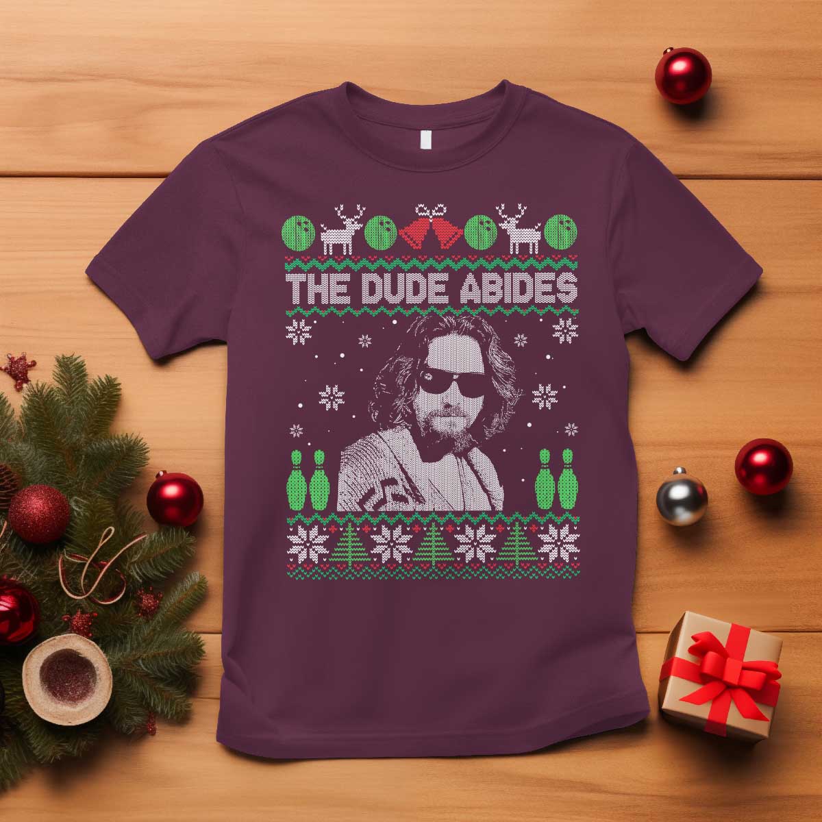 The Dude Abides Christmas Bowling T Shirt Funny Bowling Movie TS11 Maroon Print Your Wear