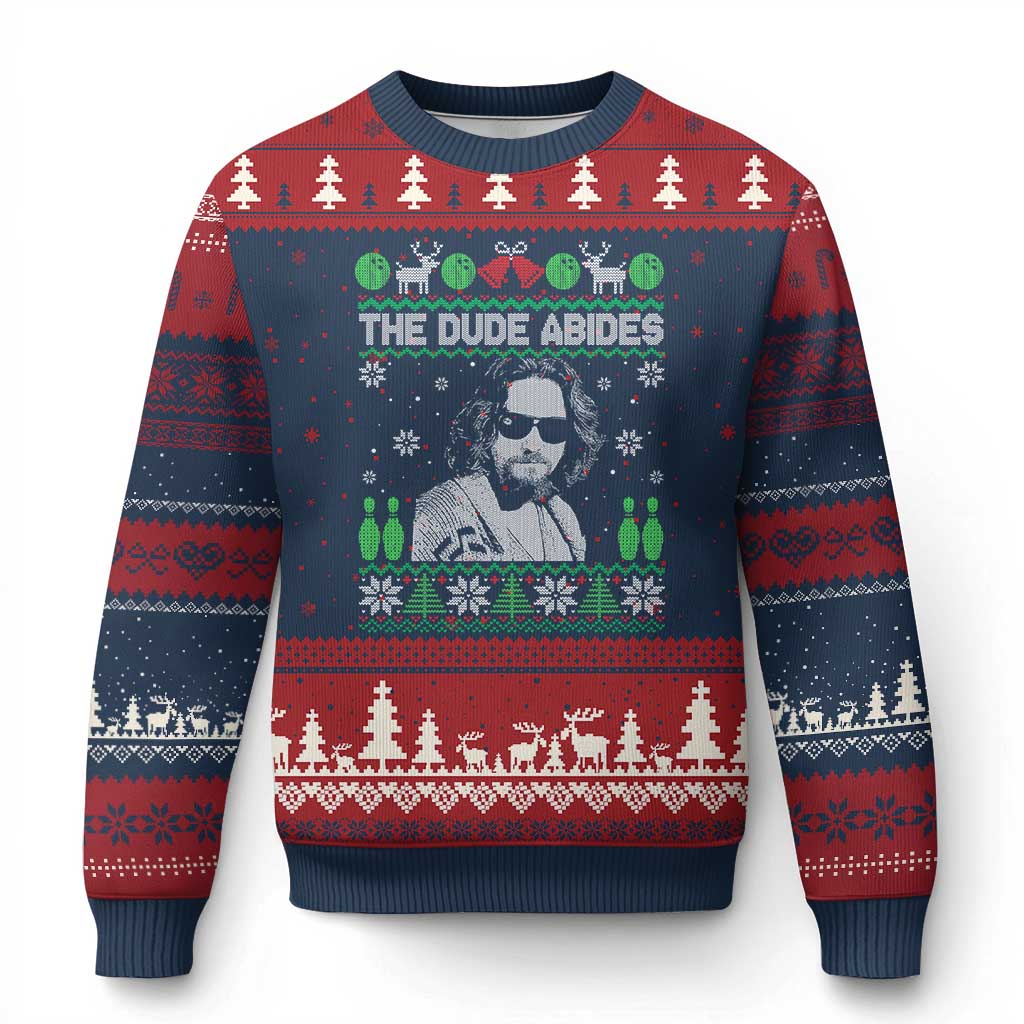 The Dude Abides Xmas Bowling Ugly Christmas Sweater Funny Bowling Movie TS11 Navy Red Print Your Wear