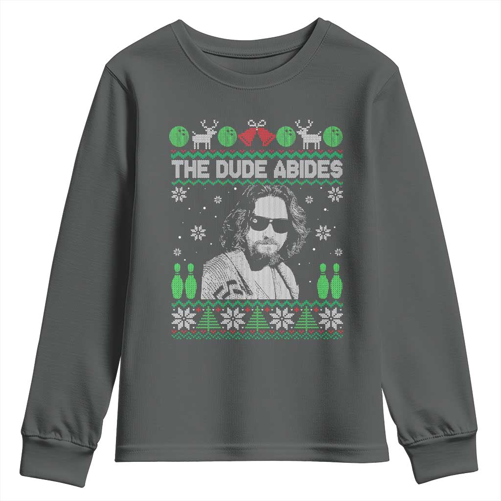 The Dude Abides Christmas Bowling Youth Sweatshirt Funny Bowling Movie TS11 Dark Heather Print Your Wear