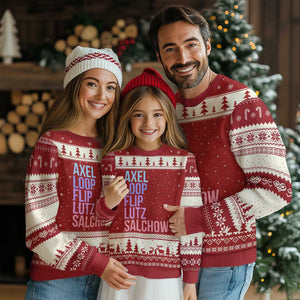 Figure Skating Lovers Ugly Christmas Sweater Funny Axel Loop Flip Lutz Salchow TS11 Red Beige Print Your Wear