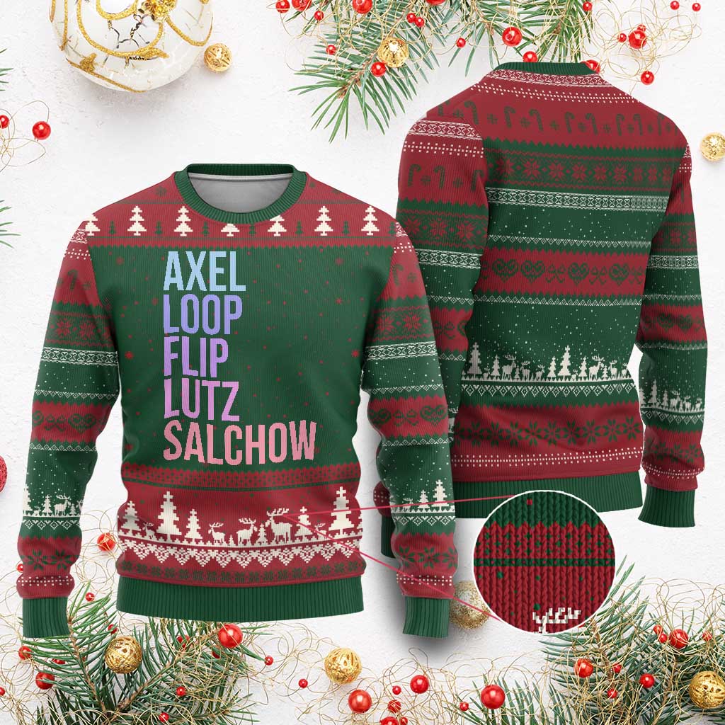 Figure Skating Lovers Ugly Christmas Sweater Funny Axel Loop Flip Lutz Salchow TS11 Red Green Print Your Wear