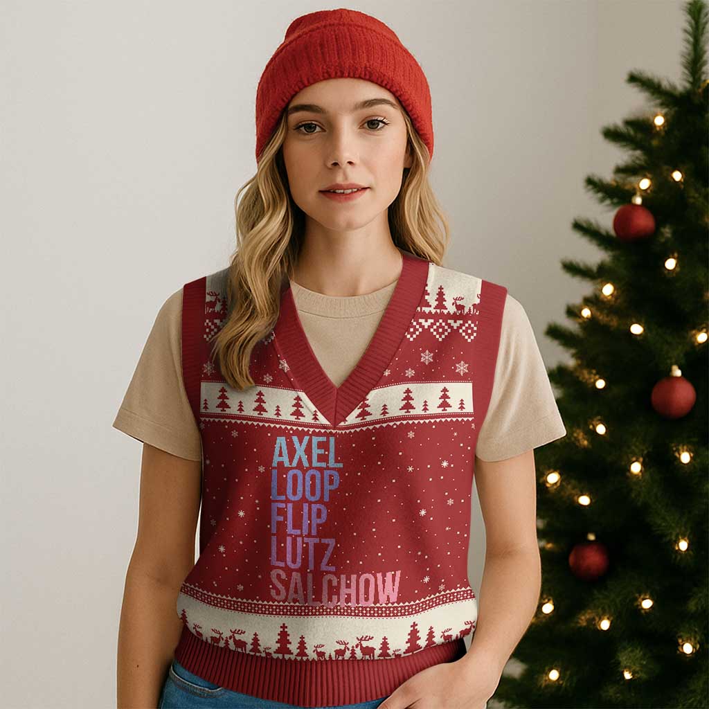 Figure Skating Lovers V-Neck Knit Sweater Vest Funny Axel Loop Flip Lutz Salchow TS11 Red Beige Print Your Wear