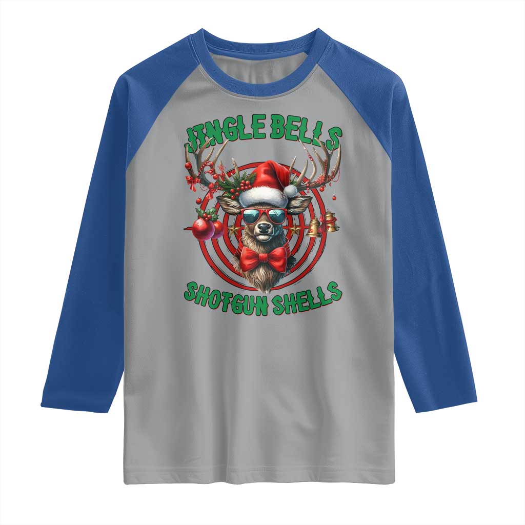 Funny Christmas Hunting Raglan Shirt Jingle Bells Shotgun Shells Santa Deer TS11 Sport Gray Royal Print Your Wear