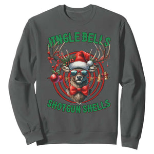 Funny Christmas Hunting Sweatshirt Jingle Bells Shotgun Shells Santa Deer TS11 Dark Heather Print Your Wear