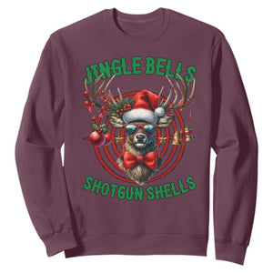 Funny Christmas Hunting Sweatshirt Jingle Bells Shotgun Shells Santa Deer TS11 Maroon Print Your Wear