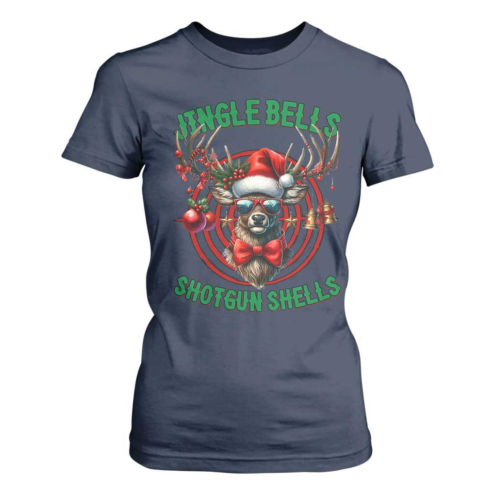 Funny Christmas Hunting T Shirt For Women Jingle Bells Shotgun Shells Santa Deer TS11 Navy Print Your Wear