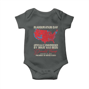 47th President Donald Trump Inauguration Day 2025 Baby Onesie Officially Unburdened By What Has Been American Maps TS11 Dark Heather Print Your Wear
