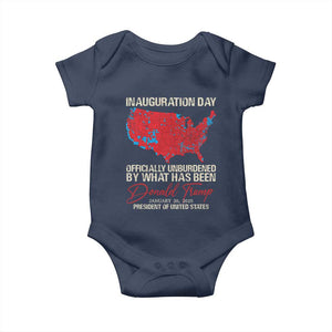 47th President Donald Trump Inauguration Day 2025 Baby Onesie Officially Unburdened By What Has Been American Maps TS11 Navy Print Your Wear