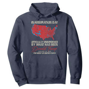 47th President Donald Trump Inauguration Day 2025 Hoodie Officially Unburdened By What Has Been American Maps TS11 Navy Print Your Wear