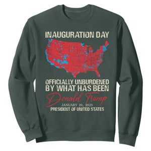 47th President Donald Trump Inauguration Day 2025 Sweatshirt Officially Unburdened By What Has Been American Maps TS11 Dark Forest Green Print Your Wear