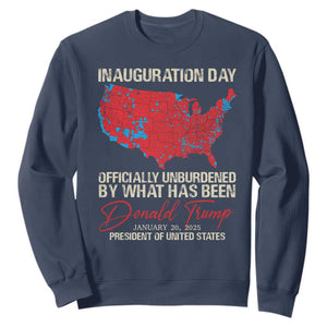 47th President Donald Trump Inauguration Day 2025 Sweatshirt Officially Unburdened By What Has Been American Maps TS11 Navy Print Your Wear