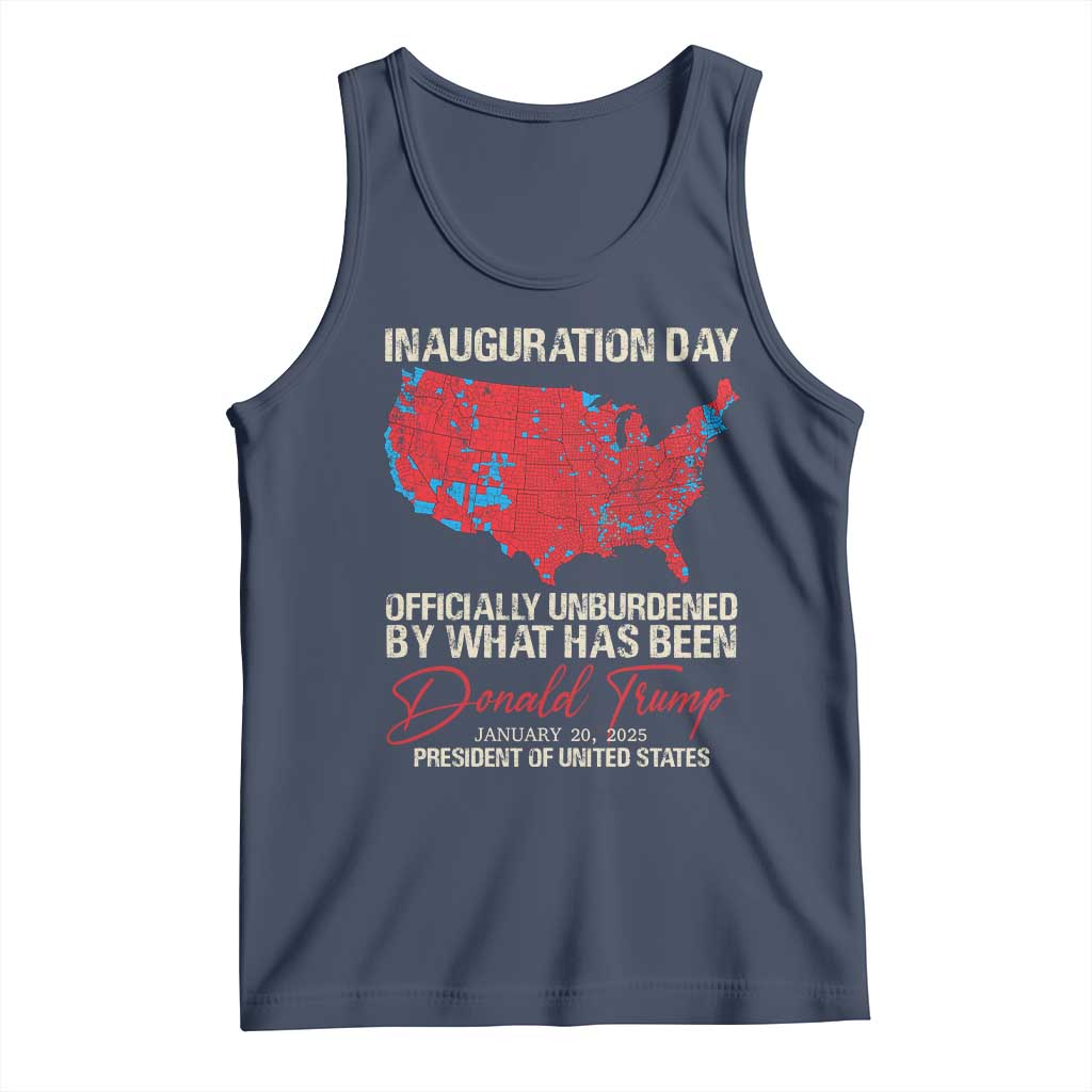 47th President Donald Trump Inauguration Day 2025 Tank Top Officially Unburdened By What Has Been American Maps TS11 Navy Print Your Wear