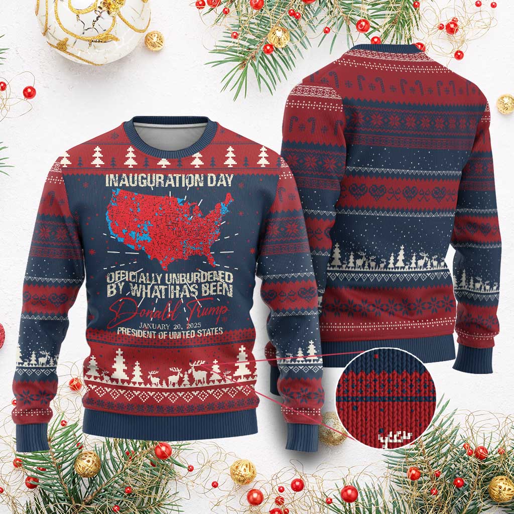 47th President Donald Trump Inauguration Day 2025 Ugly Christmas Sweater Officially Unburdened By What Has Been American Maps TS11 Burgundy Print Your Wear