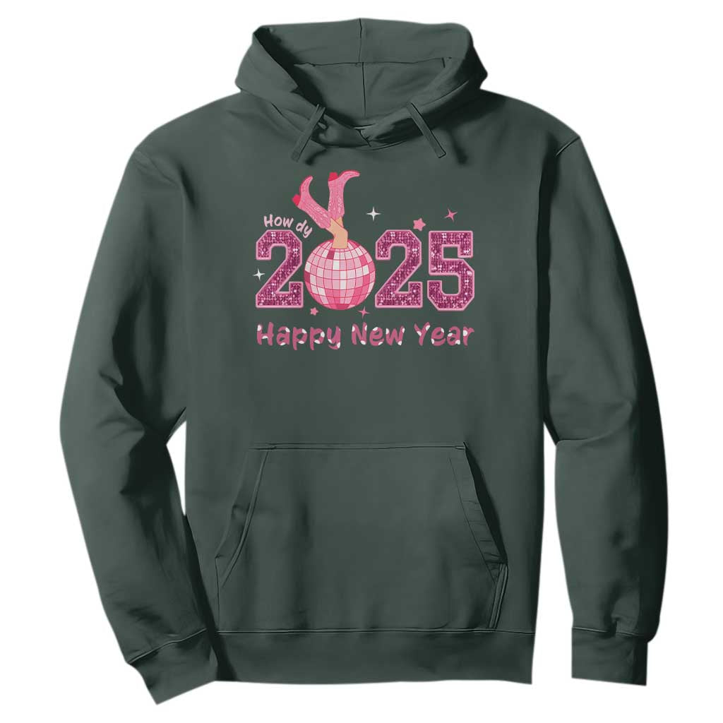 Funny Howdy 2025 Happy New Year Hoodie Cowgirl New Year's Eve Party Disco Ball TS11 Dark Forest Green Print Your Wear