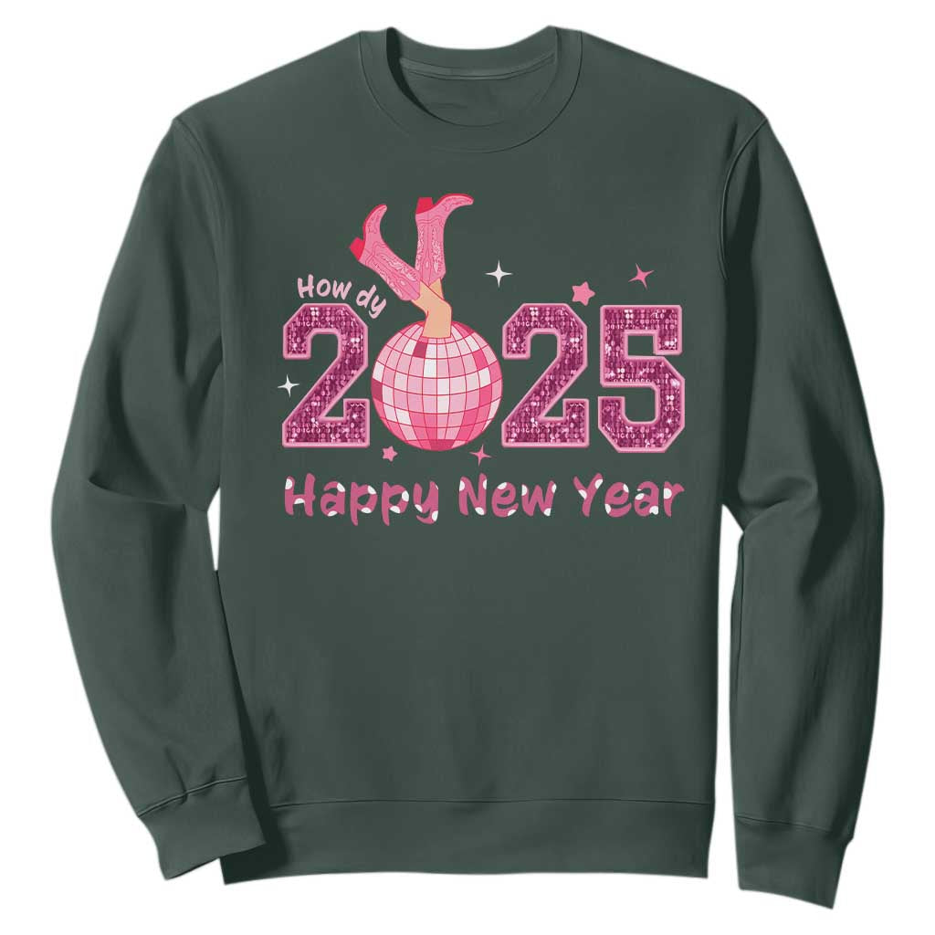 Funny Howdy 2025 Happy New Year Sweatshirt Cowgirl New Year's Eve Party Disco Ball TS11 Dark Forest Green Print Your Wear
