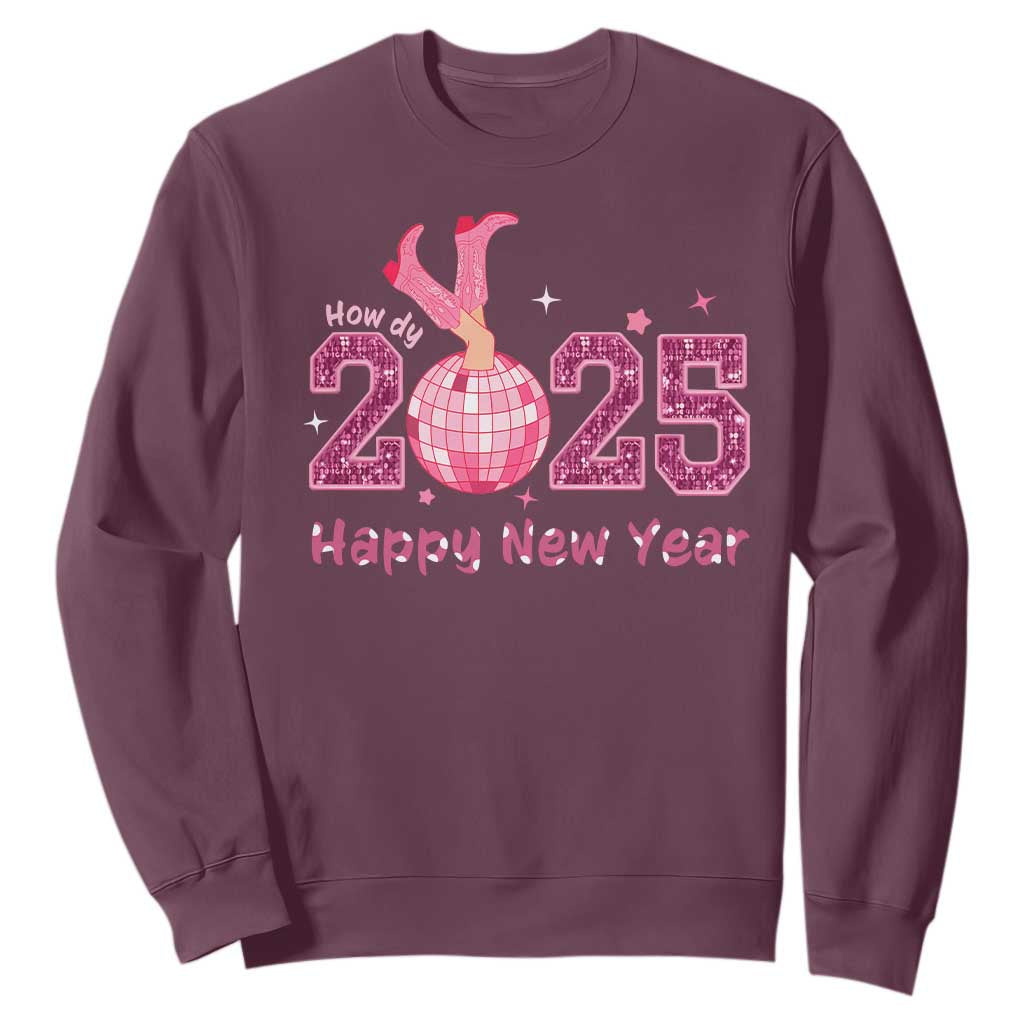 Funny Howdy 2025 Happy New Year Sweatshirt Cowgirl New Year's Eve Party Disco Ball TS11 Maroon Print Your Wear