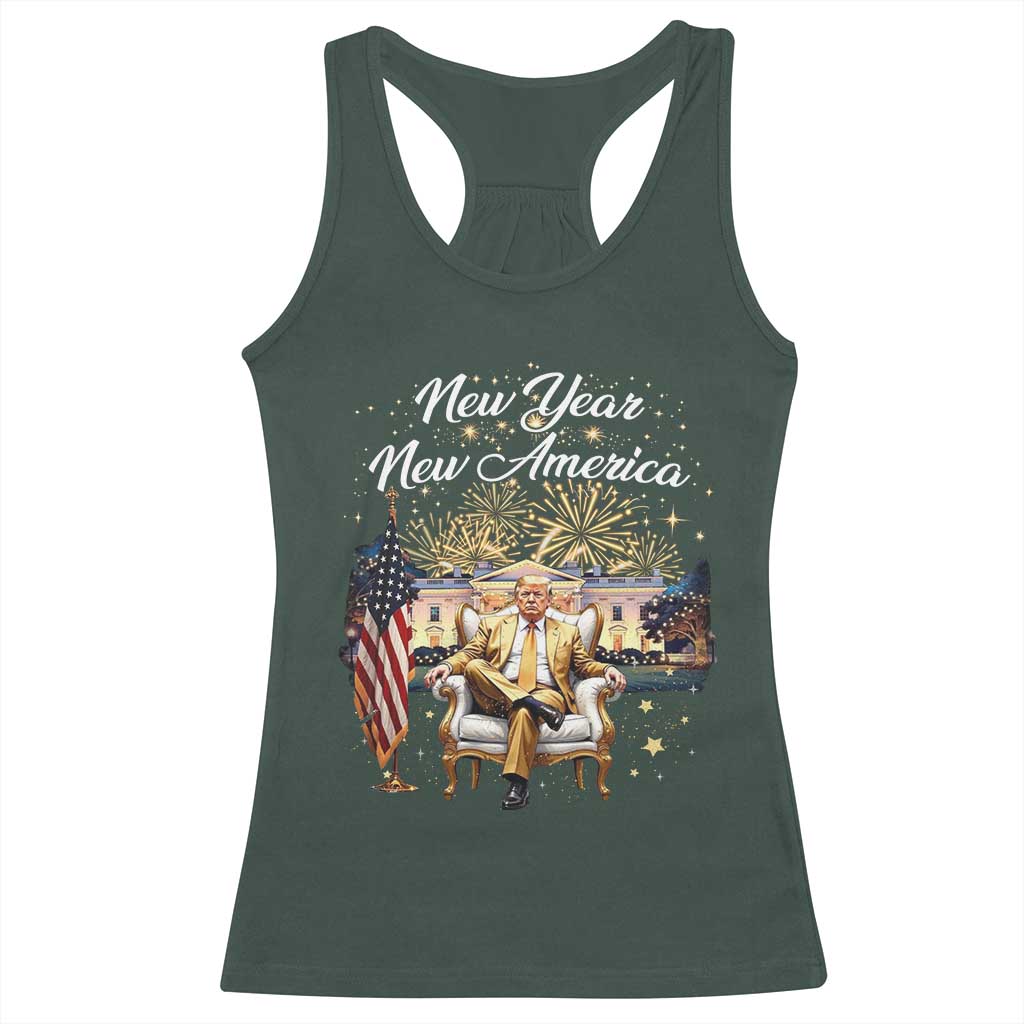 Funny Trump New Year New America 2025 Racerback Tank Top White House American Flag TS11 Dark Forest Green Print Your Wear