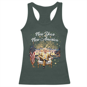 Funny Trump New Year New America 2025 Racerback Tank Top White House American Flag TS11 Dark Forest Green Print Your Wear