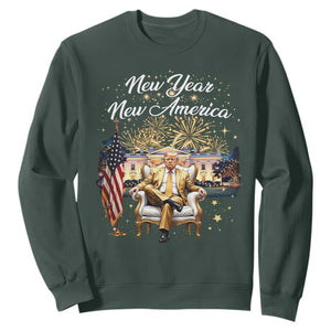Funny Trump New Year New America 2025 Sweatshirt White House American Flag TS11 Dark Forest Green Print Your Wear