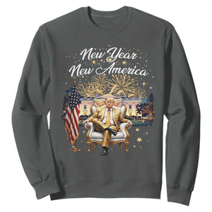 Funny Trump New Year New America 2025 Sweatshirt White House American Flag TS11 Dark Heather Print Your Wear