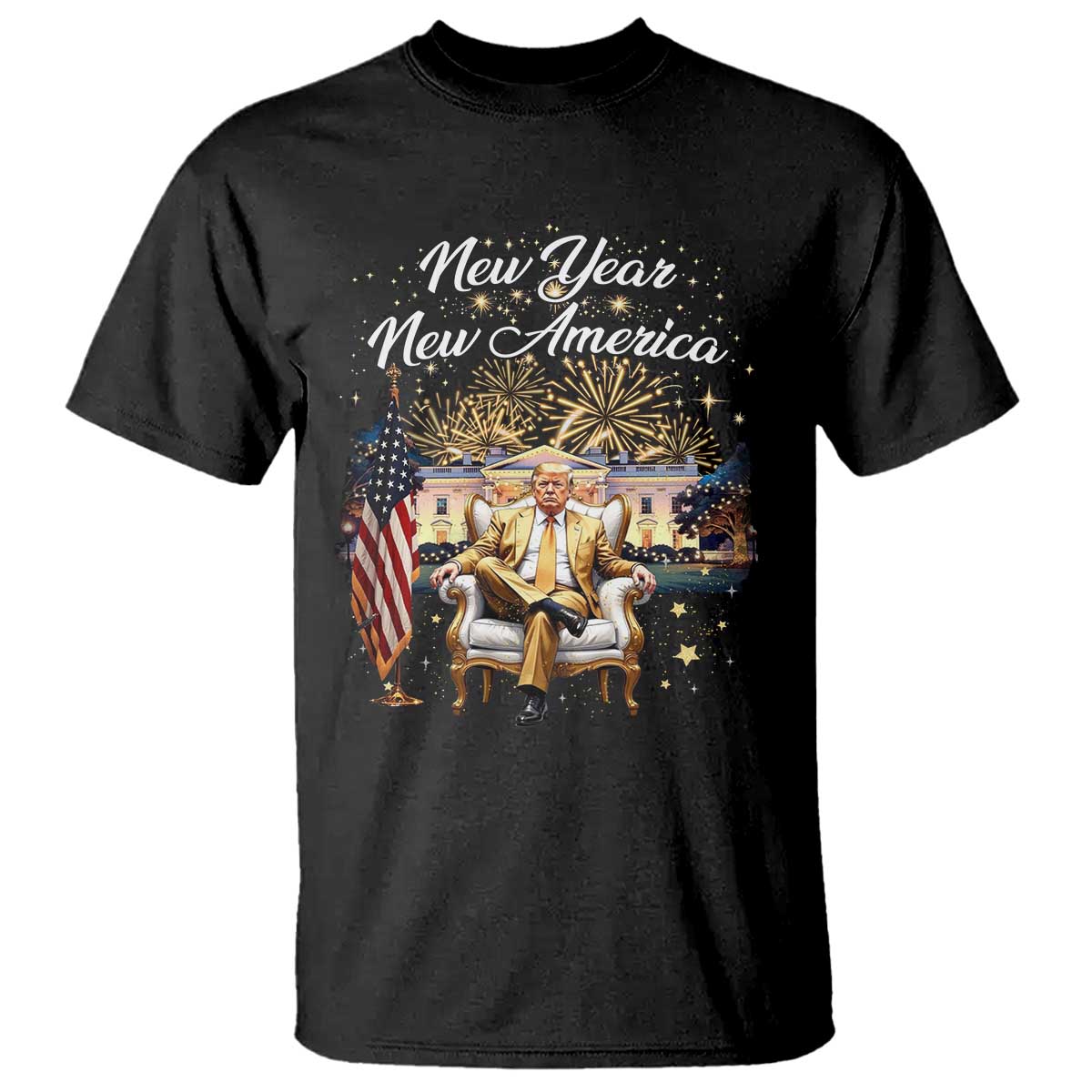 Funny Trump New Year New America 2025 T Shirt White House American Flag TS11 Black Print Your Wear