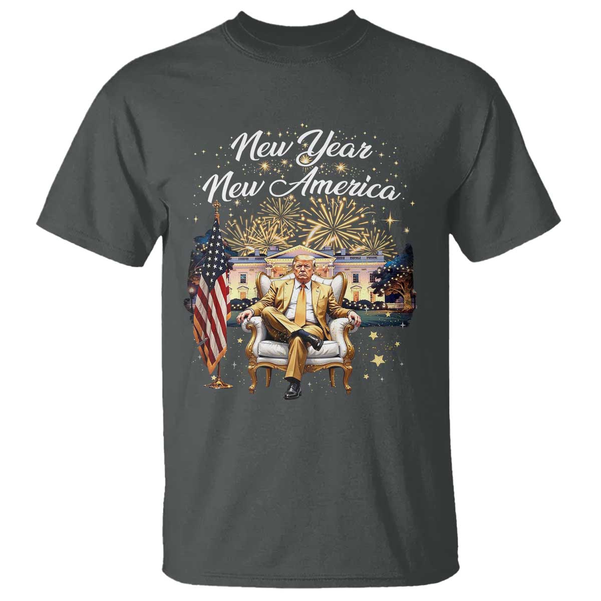 Funny Trump New Year New America 2025 T Shirt White House American Flag TS11 Dark Heather Print Your Wear