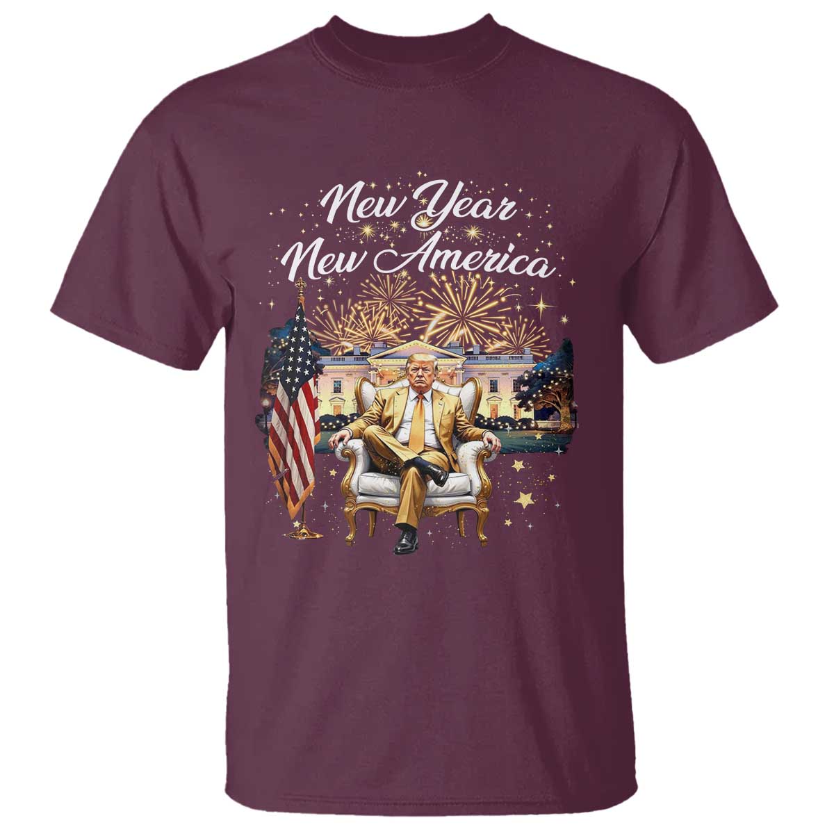 Funny Trump New Year New America 2025 T Shirt White House American Flag TS11 Maroon Print Your Wear