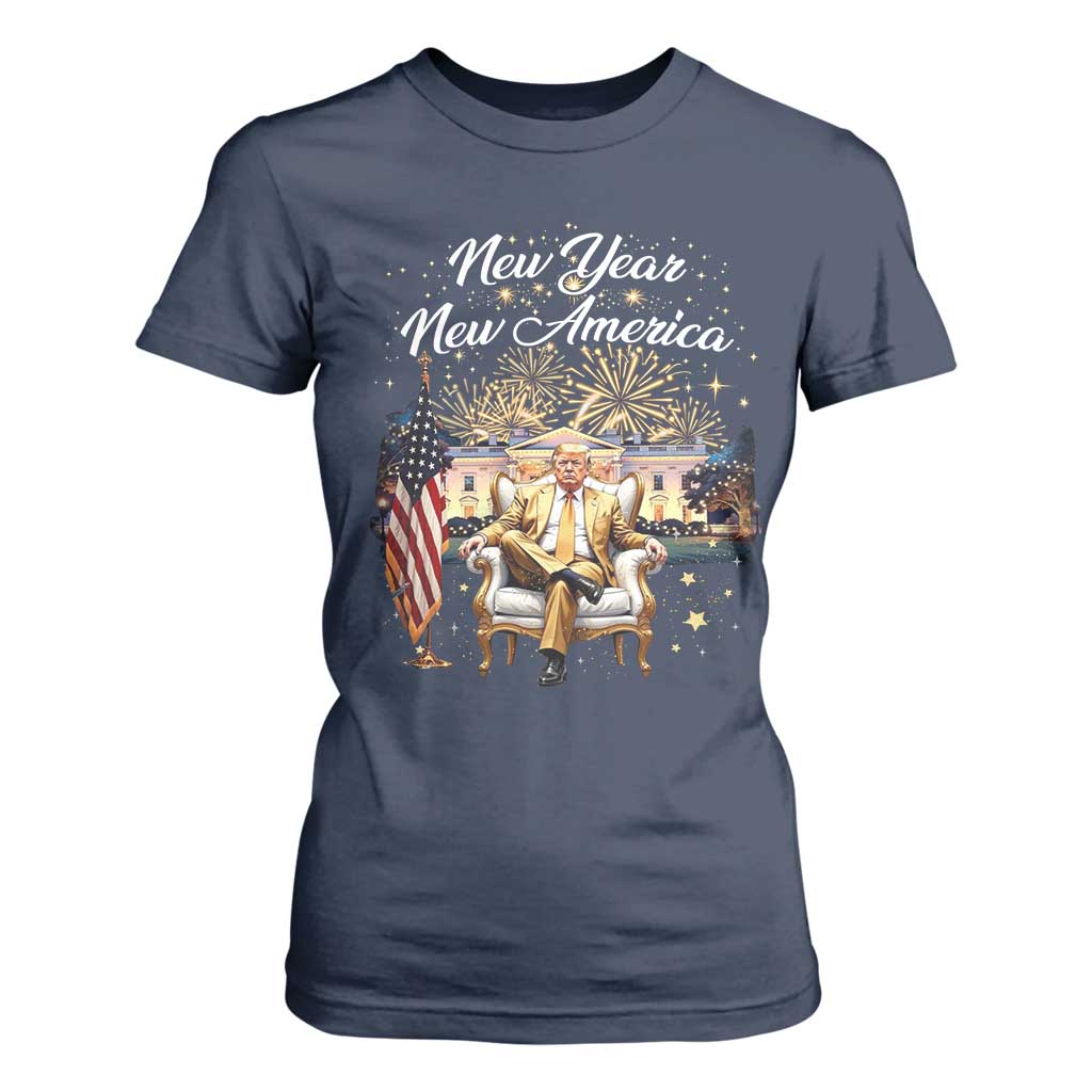 Funny Trump New Year New America 2025 T Shirt For Women White House American Flag TS11 Navy Print Your Wear