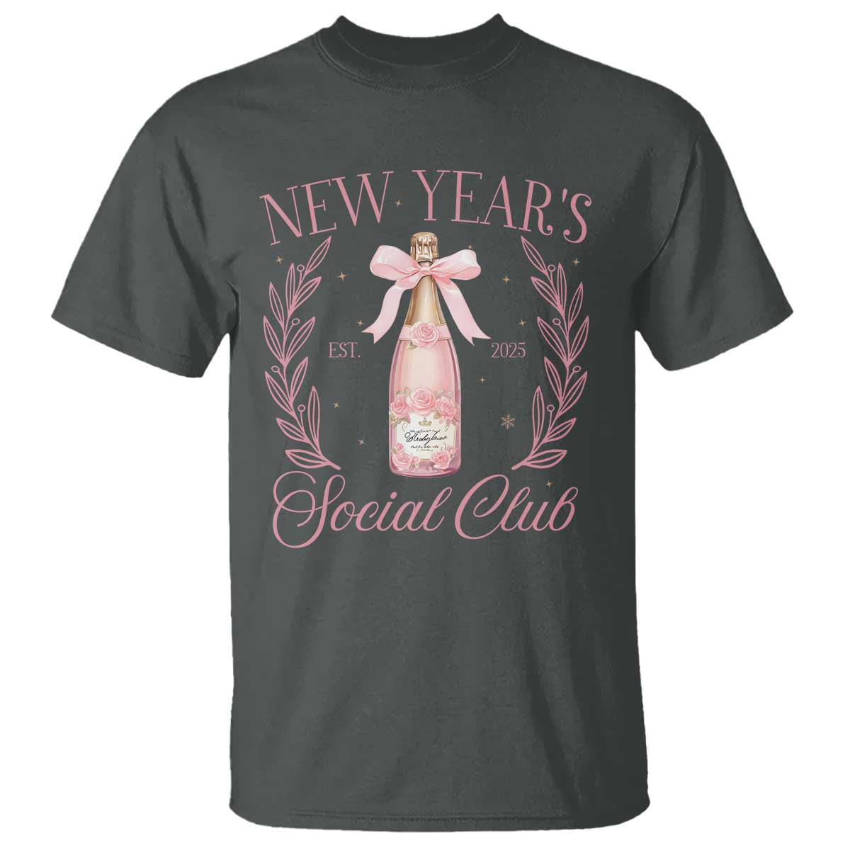 New Year's Social Club 2025 T Shirt Coquette Champagne Bottles TS11 Dark Heather Print Your Wear