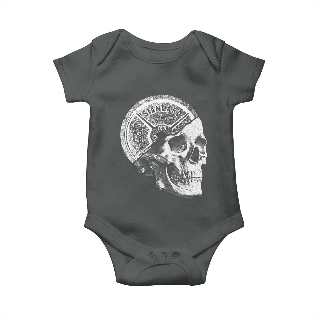 Skull 45 lbs Plate Weight Lifting Gym Workout Baby Onesie TS11 Dark Heather Print Your Wear