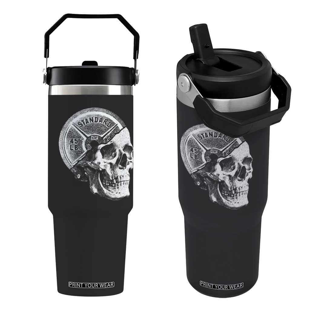 Skull 45 lbs Plate Weight Lifting Gym Workout Flip Straw Tumbler TS11 One Size: 30 oz Black Print Your Wear
