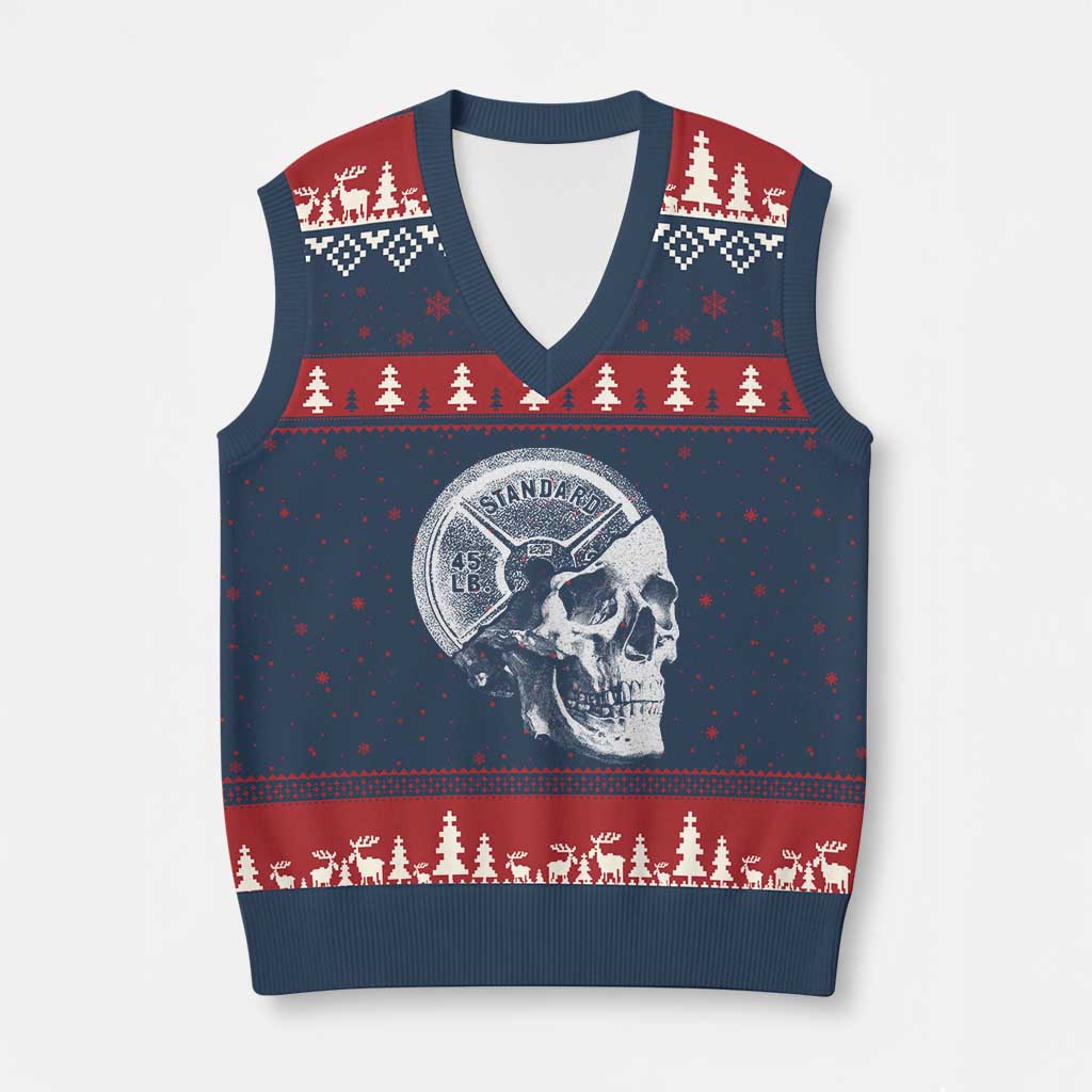 Skull 45 lbs Plate Weight Lifting Gym Workout V-Neck Knit Sweater Vest TS11 Navy Red Print Your Wear