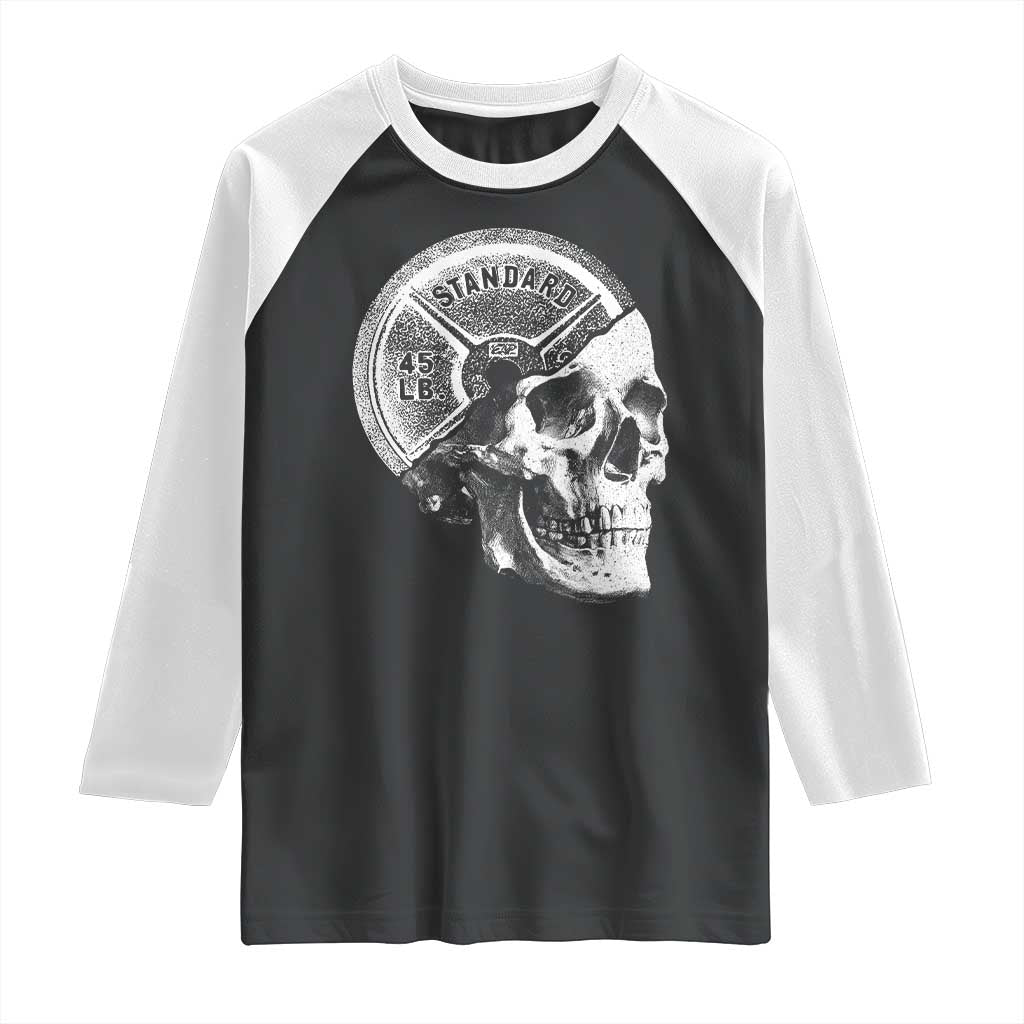 Skull 45 lbs Plate Weight Lifting Gym Workout Raglan Shirt TS11 Black White Print Your Wear