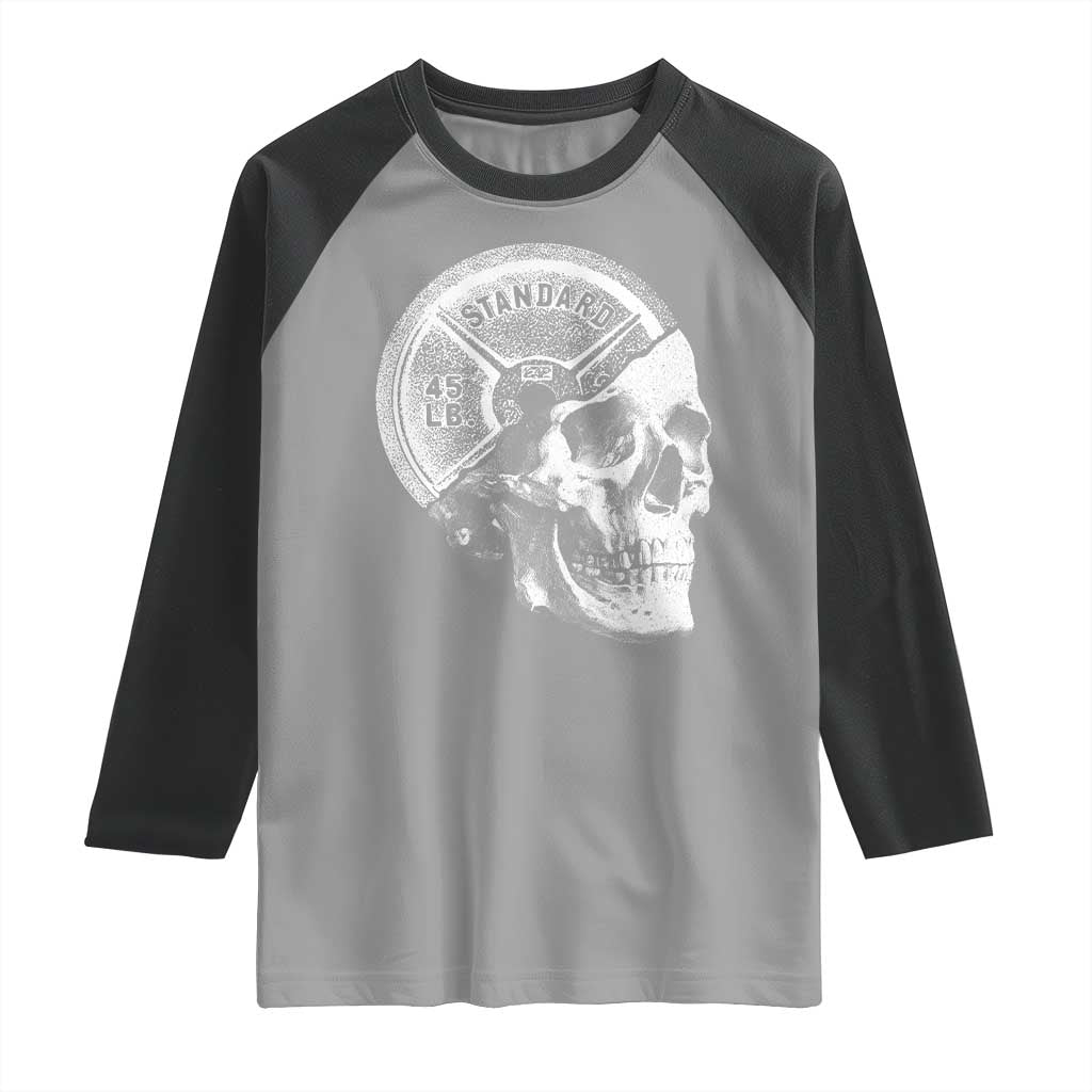 Skull 45 lbs Plate Weight Lifting Gym Workout Raglan Shirt TS11 Sport Gray Black Print Your Wear