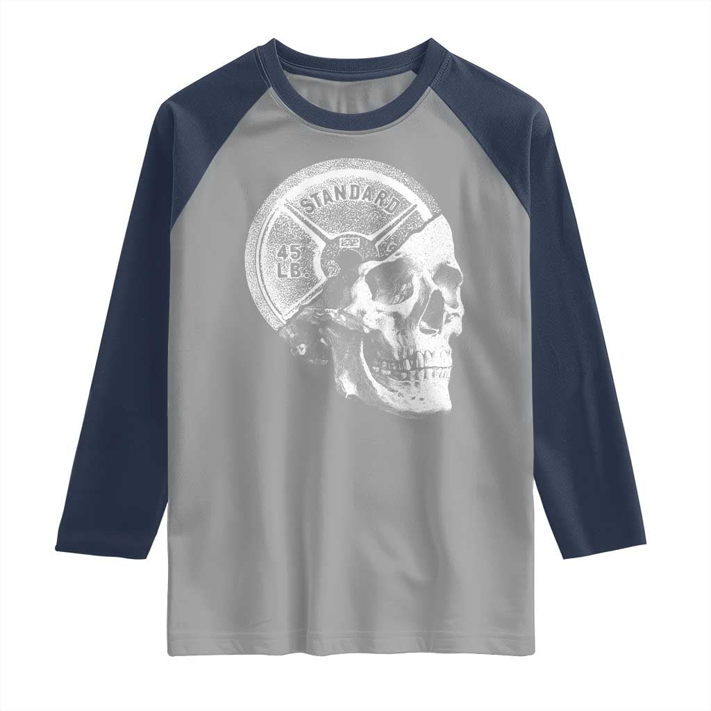 Skull 45 lbs Plate Weight Lifting Gym Workout Raglan Shirt TS11 Sport Gray Navy Print Your Wear