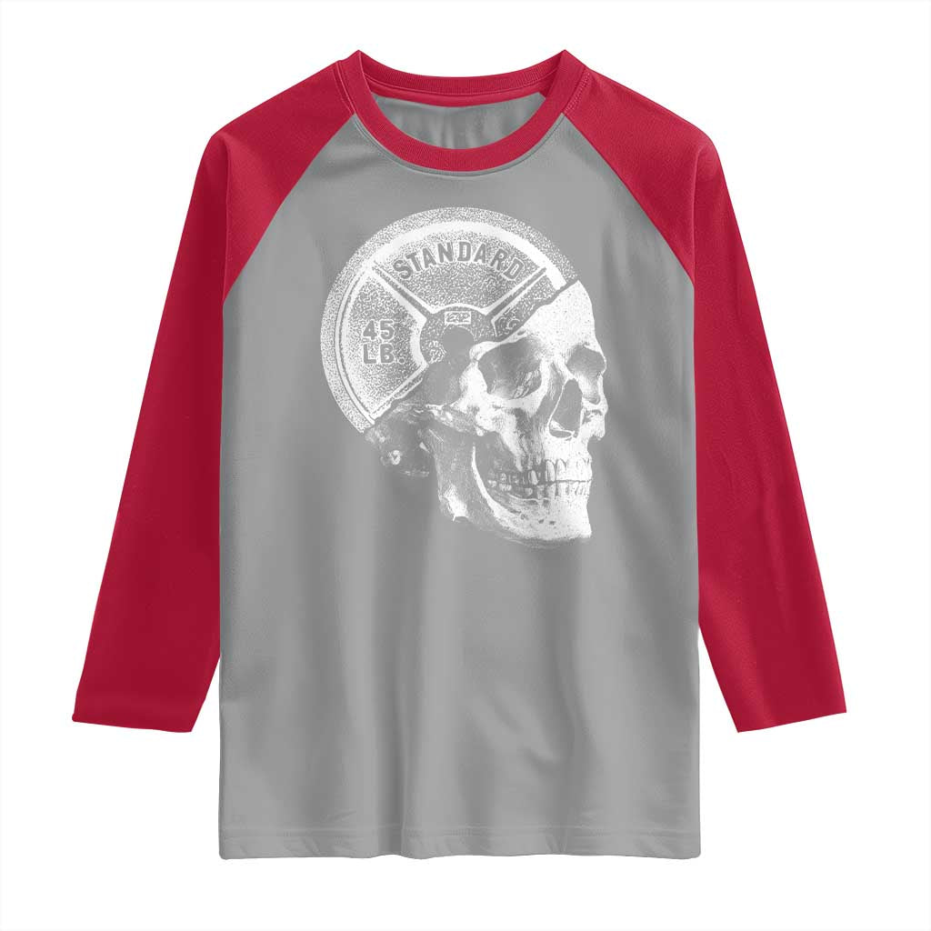 Skull 45 lbs Plate Weight Lifting Gym Workout Raglan Shirt TS11 Sport Gray Red Print Your Wear