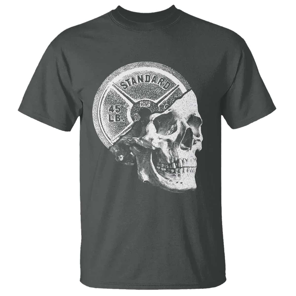 Skull 45 lbs Plate Weight Lifting Gym Workout T Shirt TS11 Dark Heather Print Your Wear