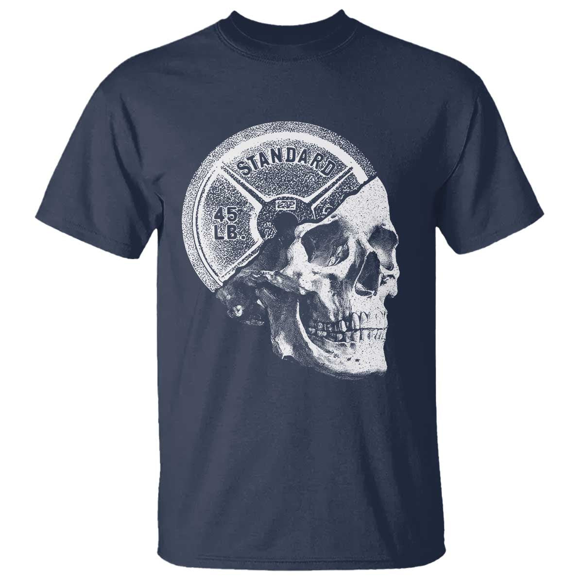 Skull 45 lbs Plate Weight Lifting Gym Workout T Shirt TS11 Navy Print Your Wear