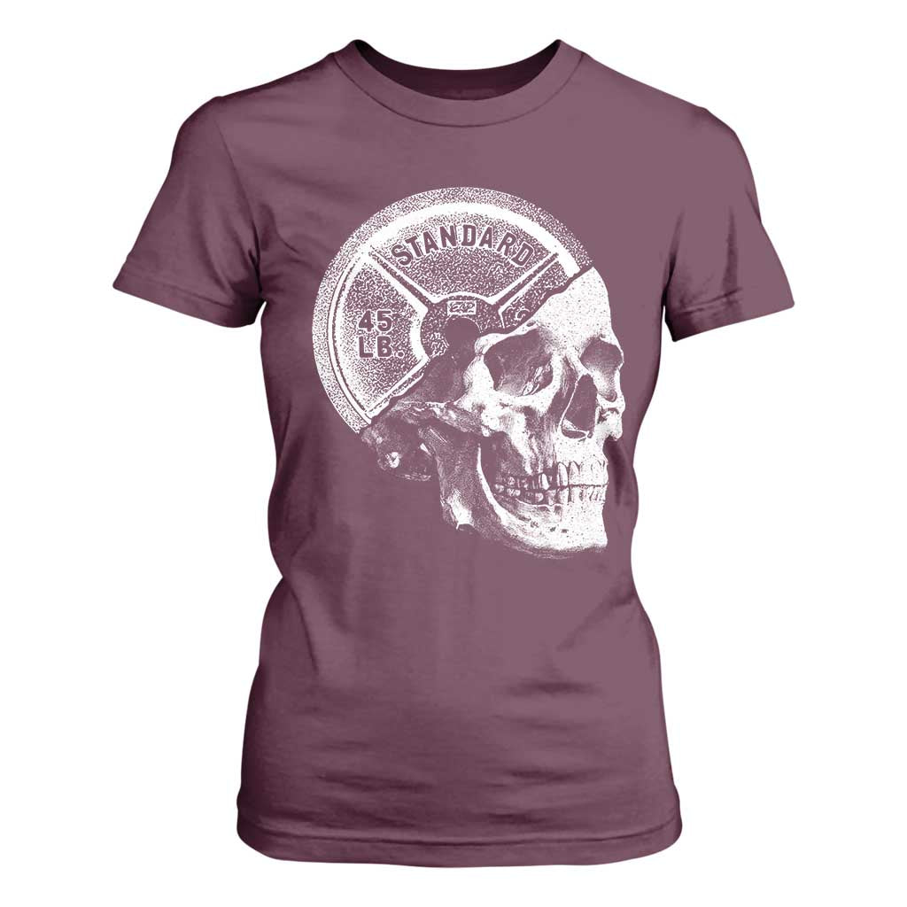 Skull 45 lbs Plate Weight Lifting Gym Workout T Shirt For Women TS11 Maroon Print Your Wear