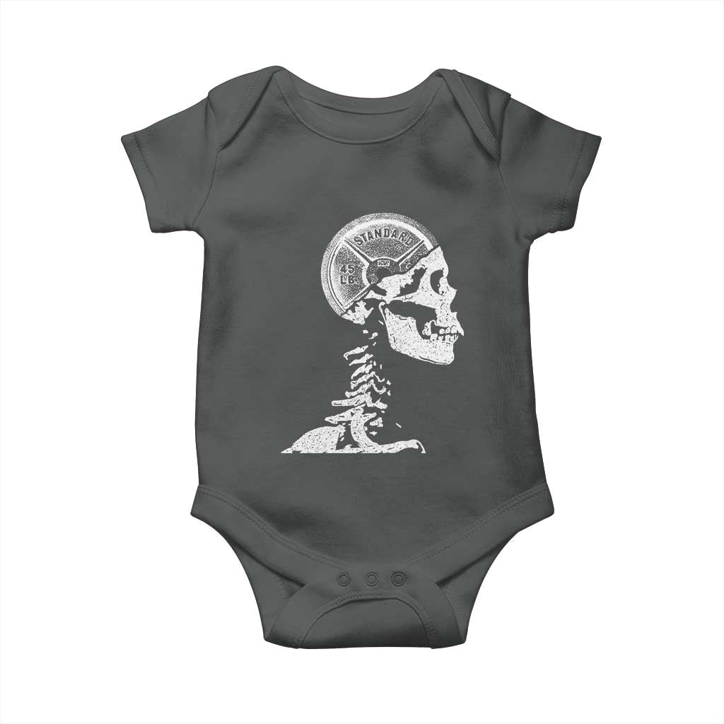 Funny Skeleton 45 lbs Plate Weight Lifting Gym Working Out Baby Onesie TS11 Dark Heather Print Your Wear