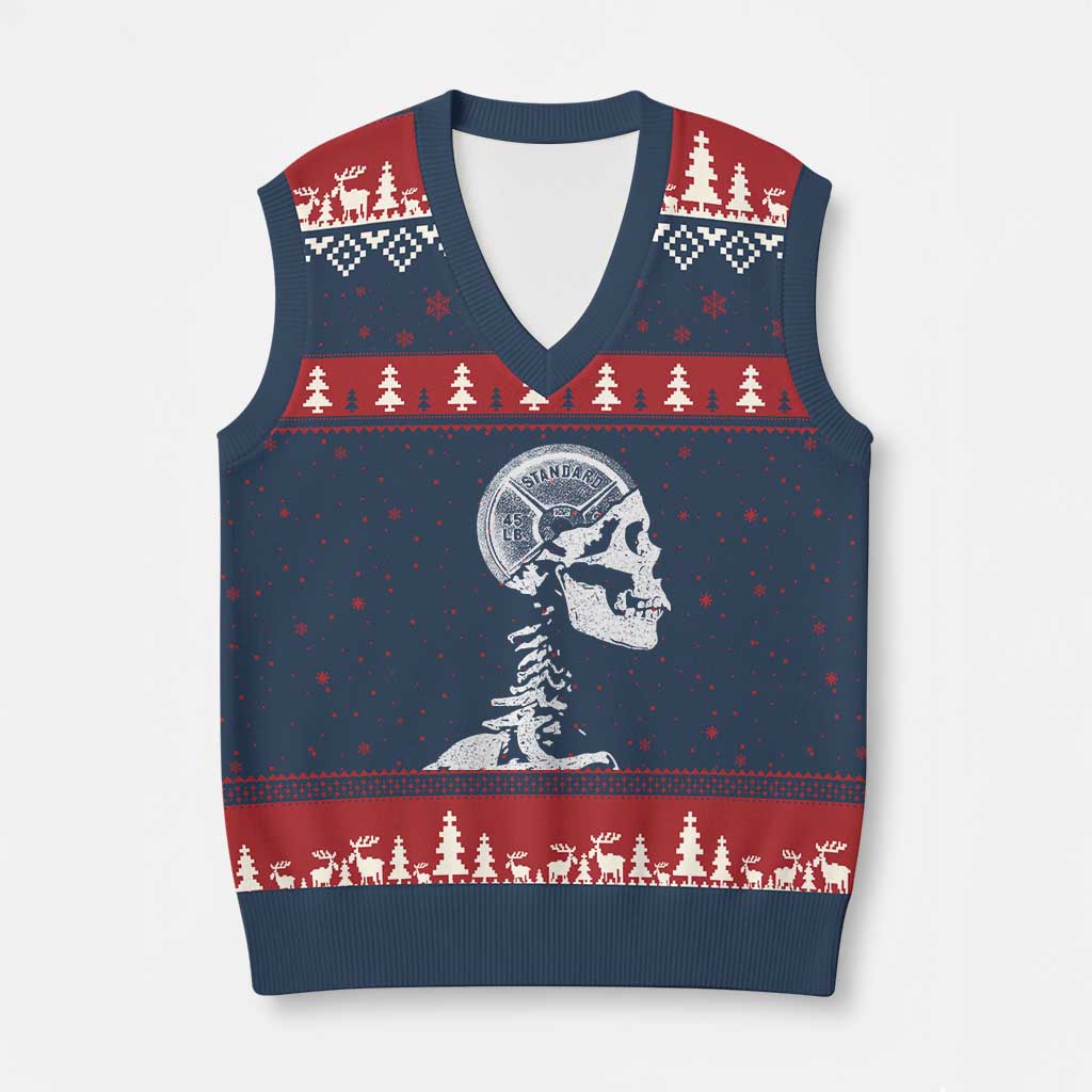 Funny Skeleton 45 lbs Plate Weight Lifting Gym Working Out V-Neck Knit Sweater Vest TS11 Navy Red Print Your Wear