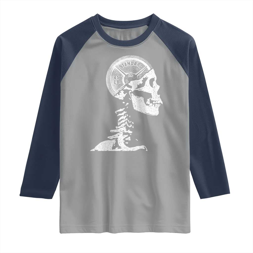 Funny Skeleton 45 lbs Plate Weight Lifting Gym Working Out Raglan Shirt TS11 Sport Gray Navy Print Your Wear