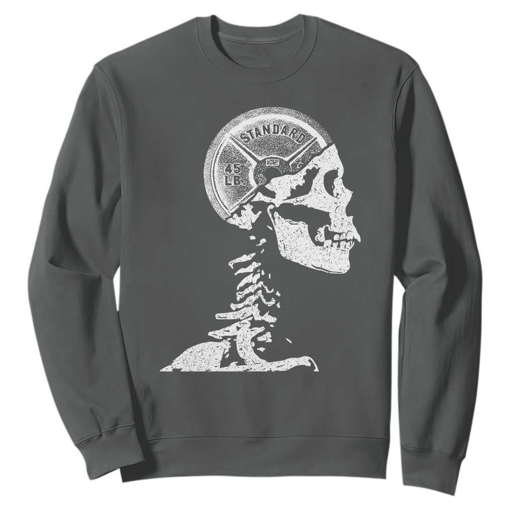 Funny Skeleton 45 lbs Plate Weight Lifting Gym Working Out Sweatshirt TS11 Dark Heather Print Your Wear