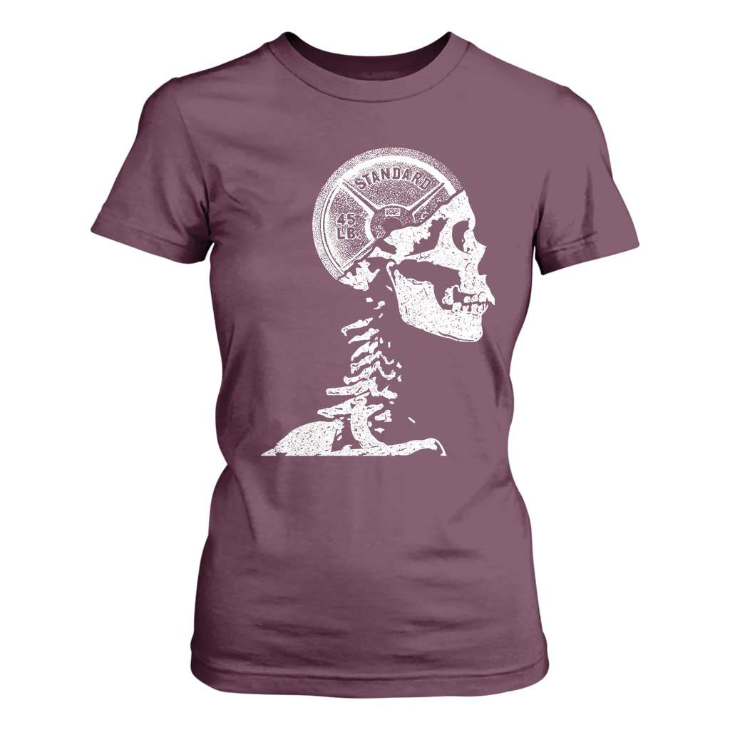 Funny Skeleton 45 lbs Plate Weight Lifting Gym Working Out T Shirt For Women TS11 Maroon Print Your Wear