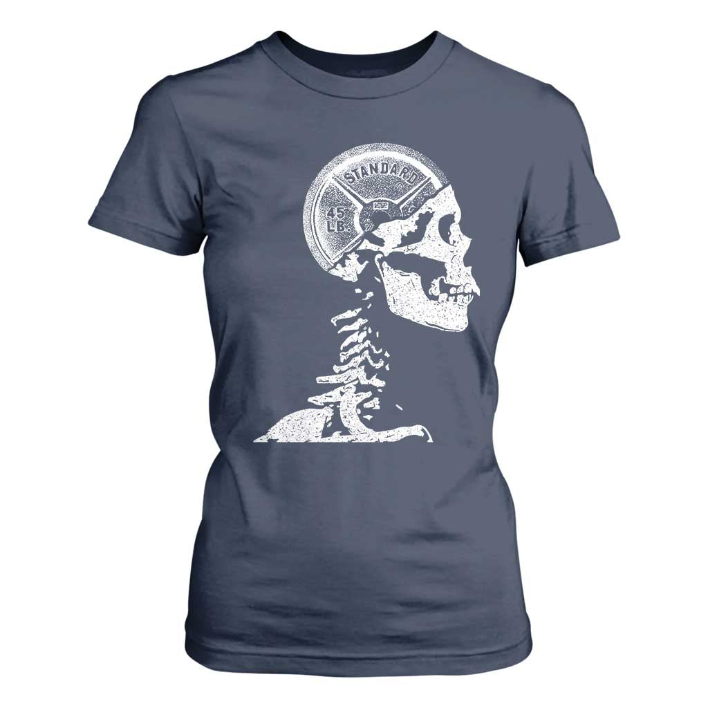 Funny Skeleton 45 lbs Plate Weight Lifting Gym Working Out T Shirt For Women TS11 Navy Print Your Wear